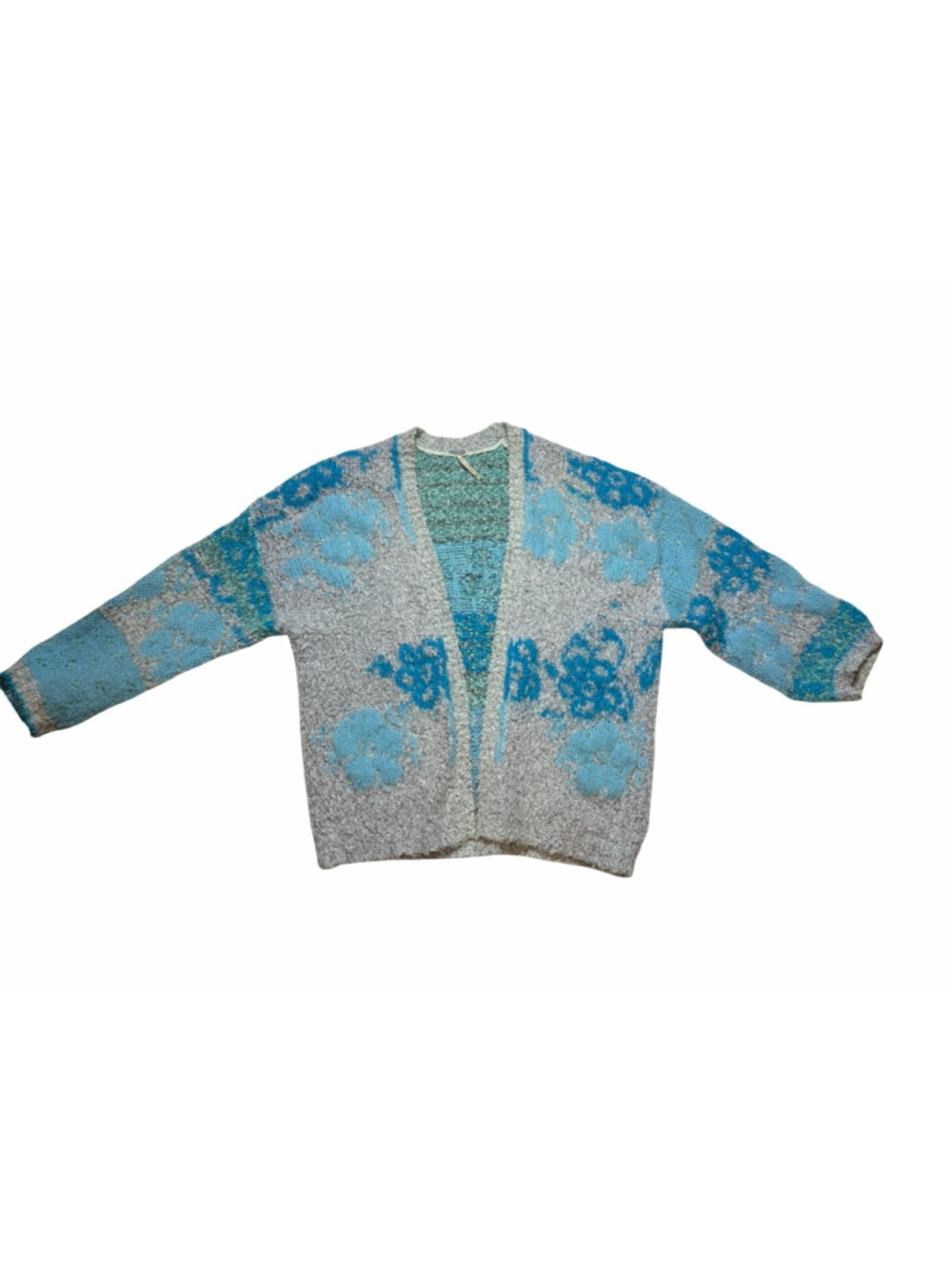 Free People Gather Me Close Cardigan Blue Floral Chunky Knit Boho Rare Cozy